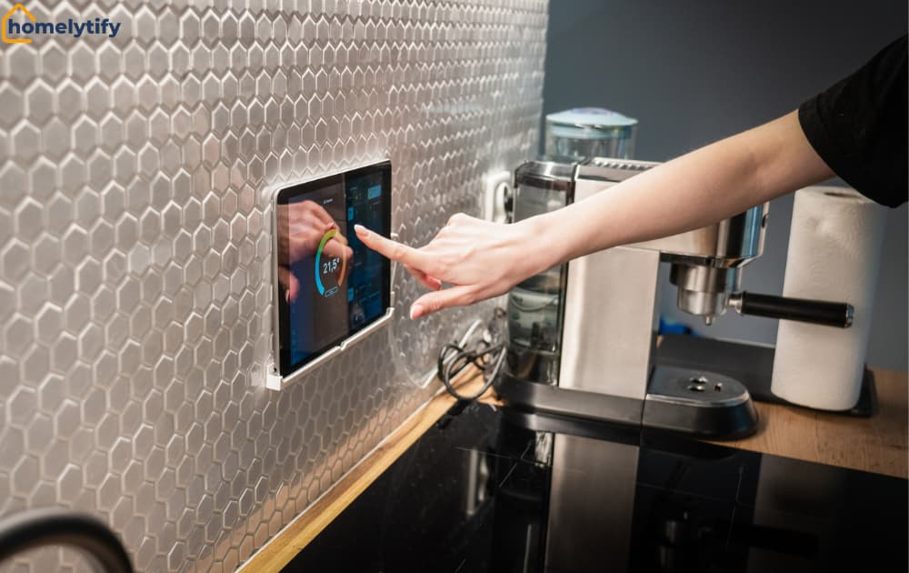 A person controlling smart home technology devices using a smartphone app at home