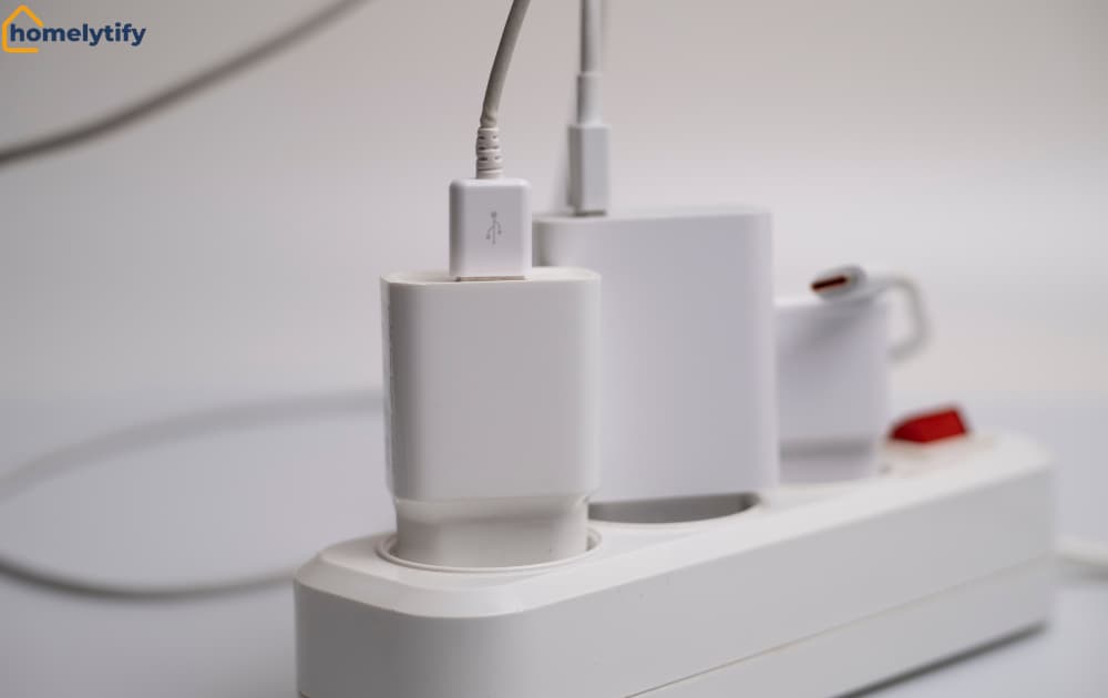White smart plug connected to a power strip with USB cables for easy home device control.