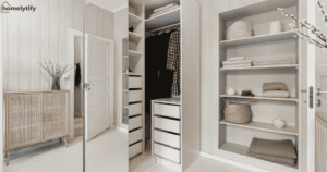 Small closet storage with shelves and drawers showing diy storage ideas for small homes in a modern, minimal home interior