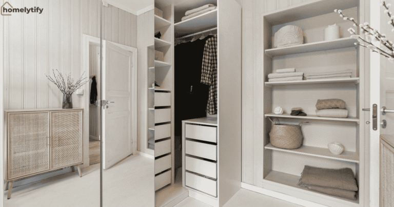 Small closet storage with shelves and drawers showing diy storage ideas for small homes in a modern, minimal home interior