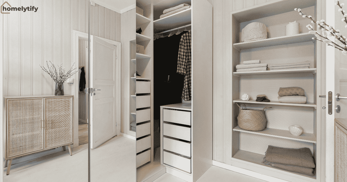 Small closet storage with shelves and drawers showing diy storage ideas for small homes in a modern, minimal home interior