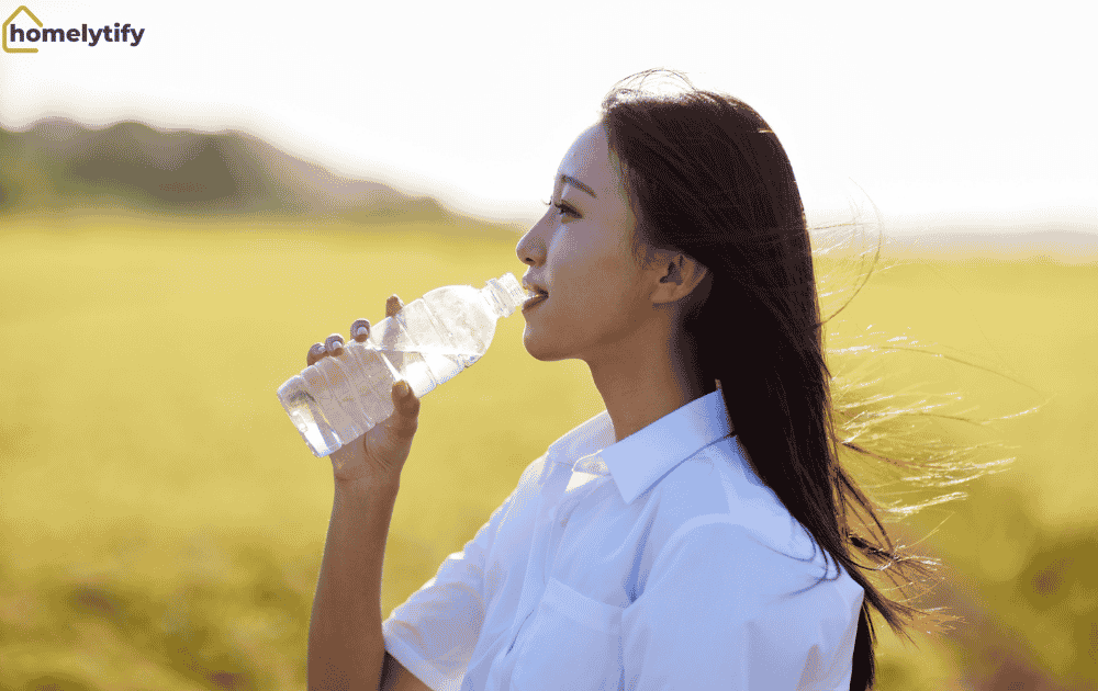 Woman drinking water outdoors in sunlight to stay hydrated as part of a healthy hydration habit and wellness routine.