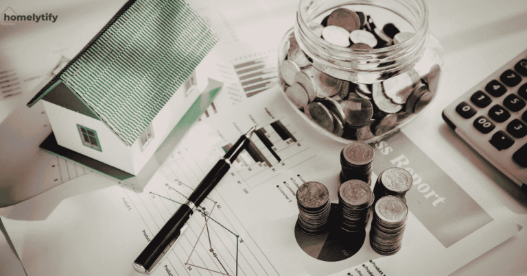 Organize small spaces on a budget concept showing a miniature house model, stacked coins, a glass jar full of coins, a calculator, and financial charts representing affordable home organization planning.
