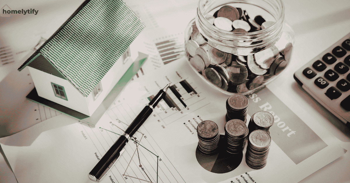 Organize small spaces on a budget concept showing a miniature house model, stacked coins, a glass jar full of coins, a calculator, and financial charts representing affordable home organization planning.