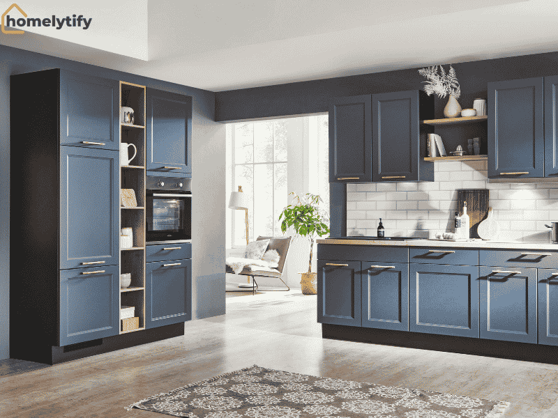Blue shaker kitchen featuring tall cabinets and open shelving as a clever kitchen build storage solution
