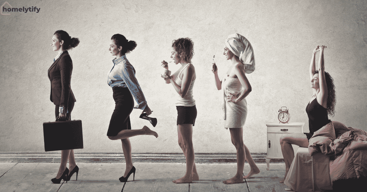 A woman progressing through her morning routine steps — from waking up and stretching to brushing teeth, showering, and leaving for work- illustrates a simple morning routine guide for busy people 