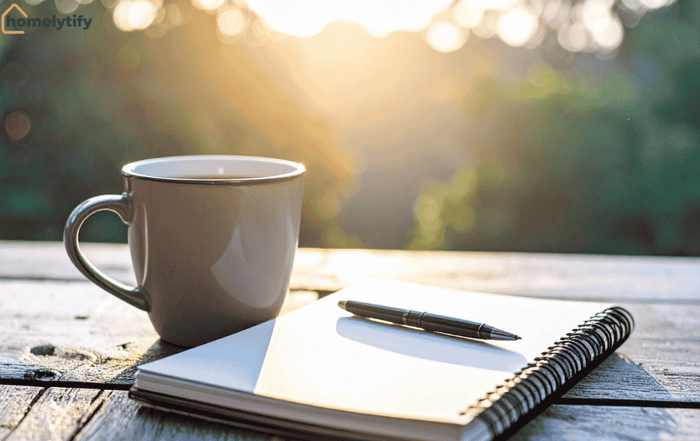 Morning routine essentials — a coffee mug and open notebook on a wooden table at sunrise.