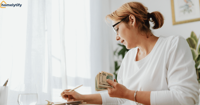 woman organizing home on a budget by counting money at home desk