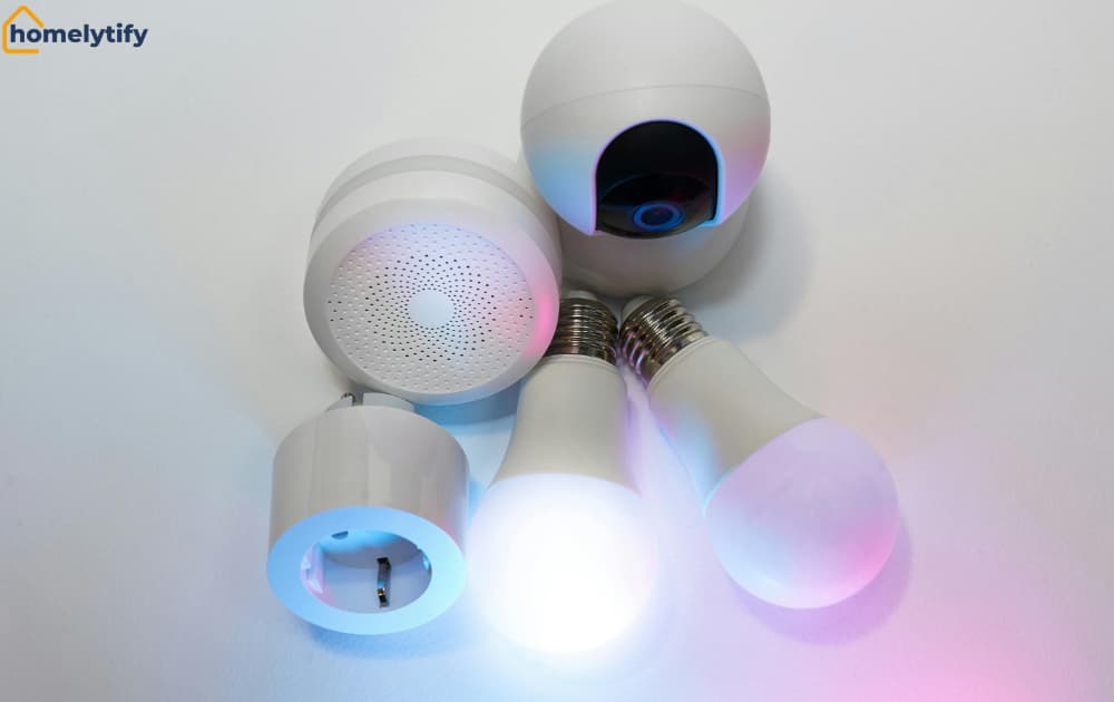 Smart light bulbs and home devices grouped together on a white surface.