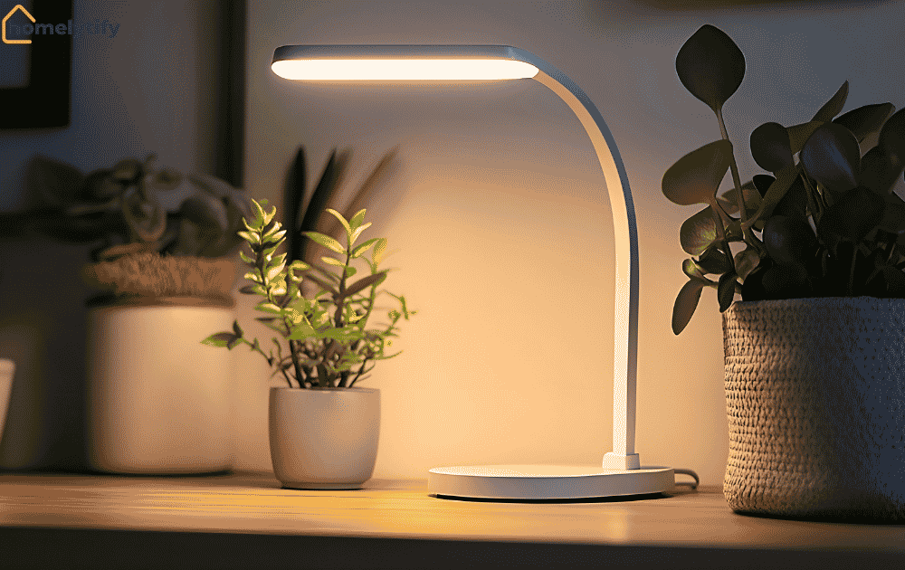 Modern smart lighting lamp casting a warm ambient glow on a wooden shelf with green indoor plants at home