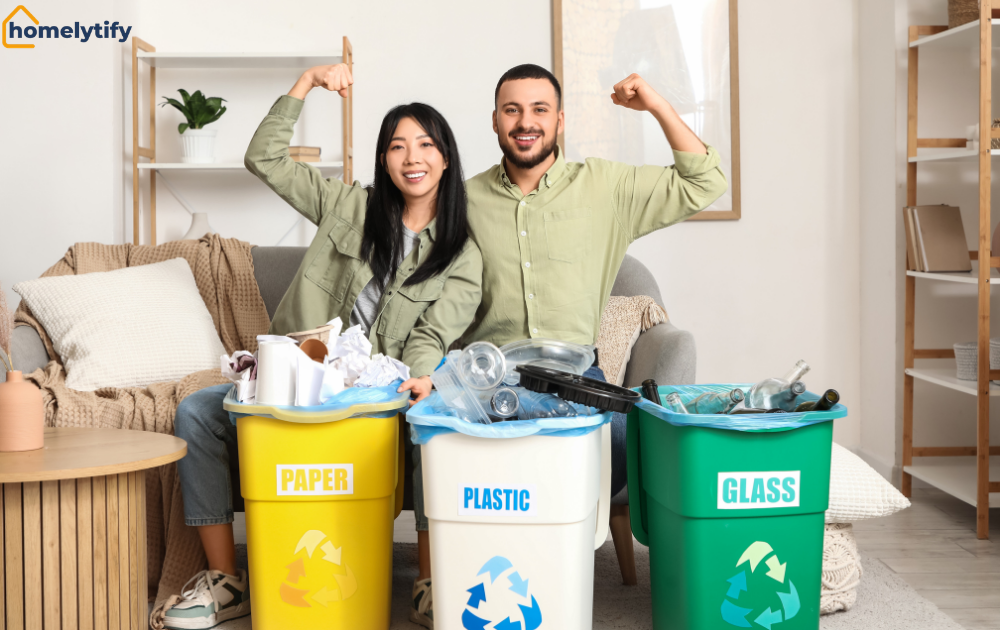 A couple sorting items by category into labeled paper, plastic, and glass recycling bins at home.