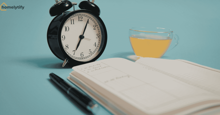 Alarm clock, journal, pen, and herbal tea on blue background for building a morning routine from scratch.