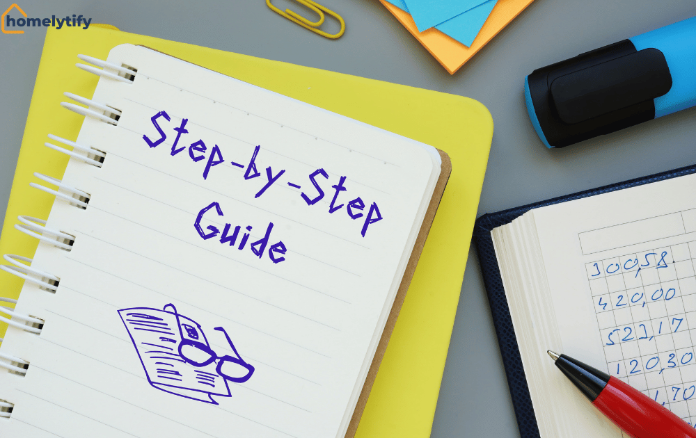 Step-by-step guide to organize your home on a budget written on a spiral notebook with pen and planner on desk