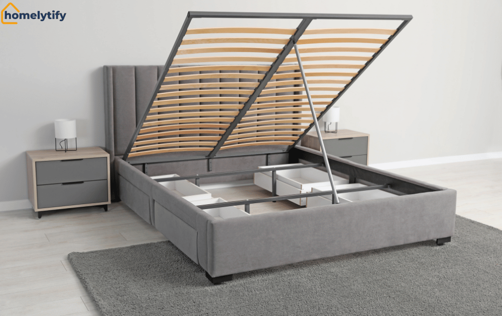 Hydraulic lift storage bed with hidden under-bed compartments for small bedroom organization.