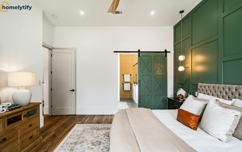 Farmhouse bedroom using walls and vertical space with green accent wall, barn door, and tufted headboard.