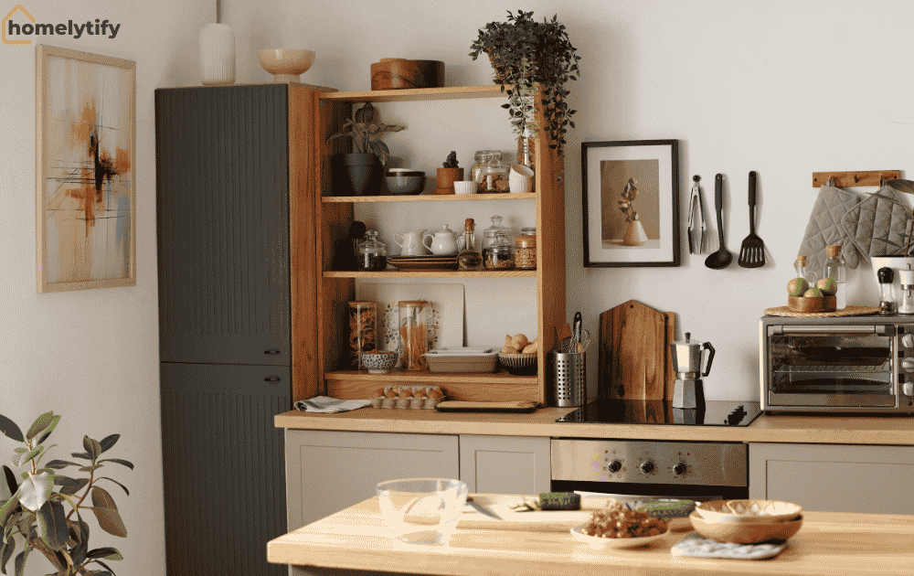 Vertical space in a small kitchen utilized with open wooden shelves, tall cabinet, and wall-mounted utensil hooks for smart storage.