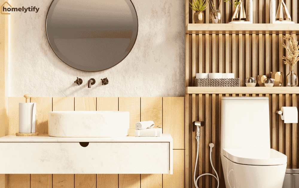 Vertical storage in bathroom with wooden wall shelves above toilet holding toiletries and decor next to a floating vanity.