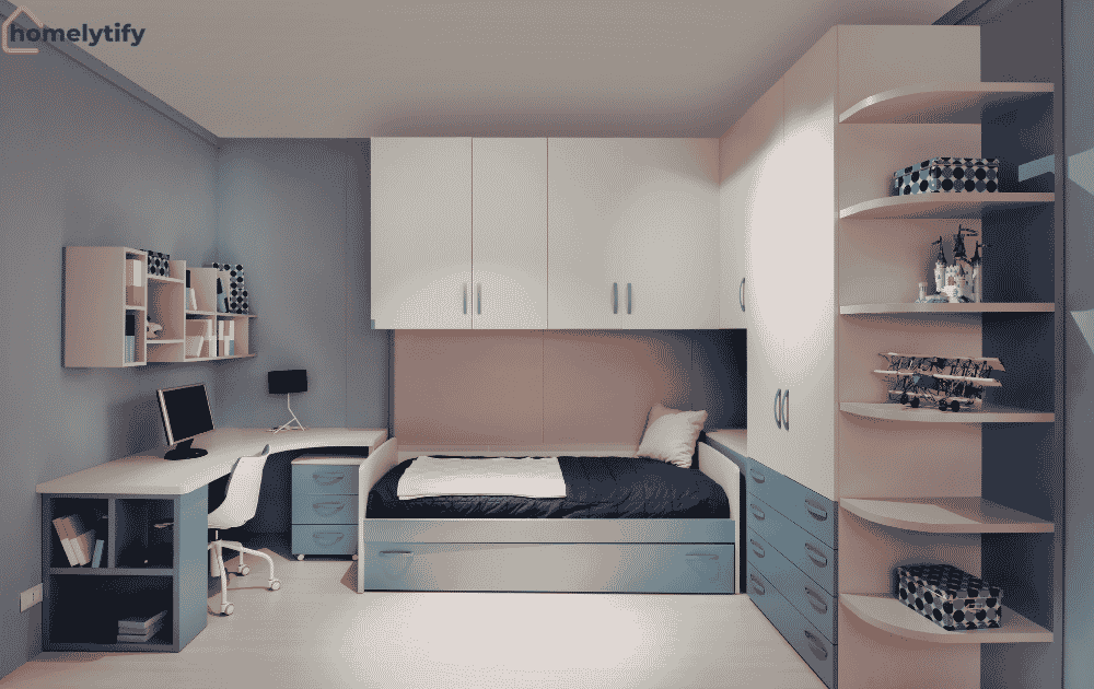 Using vertical wall space in a small bedroom with shelves, cabinets, and open storage to maximize every inch.