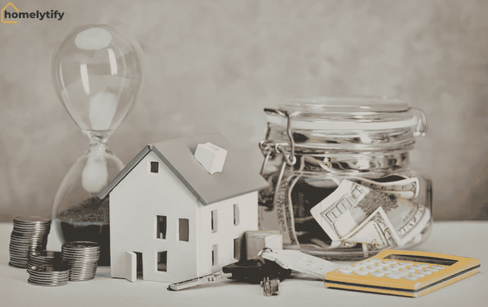 Small house model with coins, savings jar, and calculator showing why budget home tips matter for small homes.