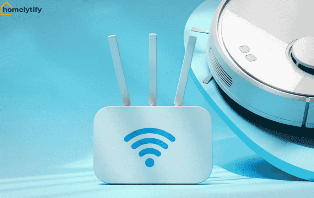 White WiFi router with three antennas placed next to a robot vacuum cleaner on a blue background