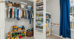 A practical example of how to organise a closet without shelves using hanging rods, an over-door organiser, and floor toy racks in a kids' room
