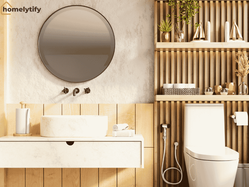 Modern bathroom tiny space design with a wall-mounted sink, a round mirror, wooden storage shelves, and a compact toilet for efficient organization