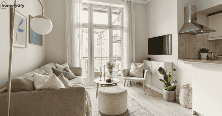 Minimalist small home interior with clutter-free living area and open layout, using cheap home organization hacks for small homes