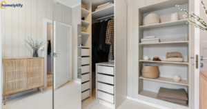 Create cheap storage without buying furniture, using built-in shelves and closet drawers for clothes and linens