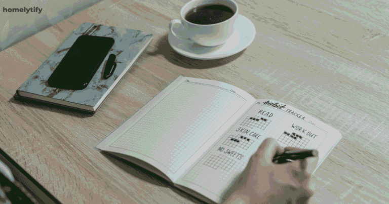 Person filling out a bullet journal habit tracker at a desk — evening routine habits for busy people.