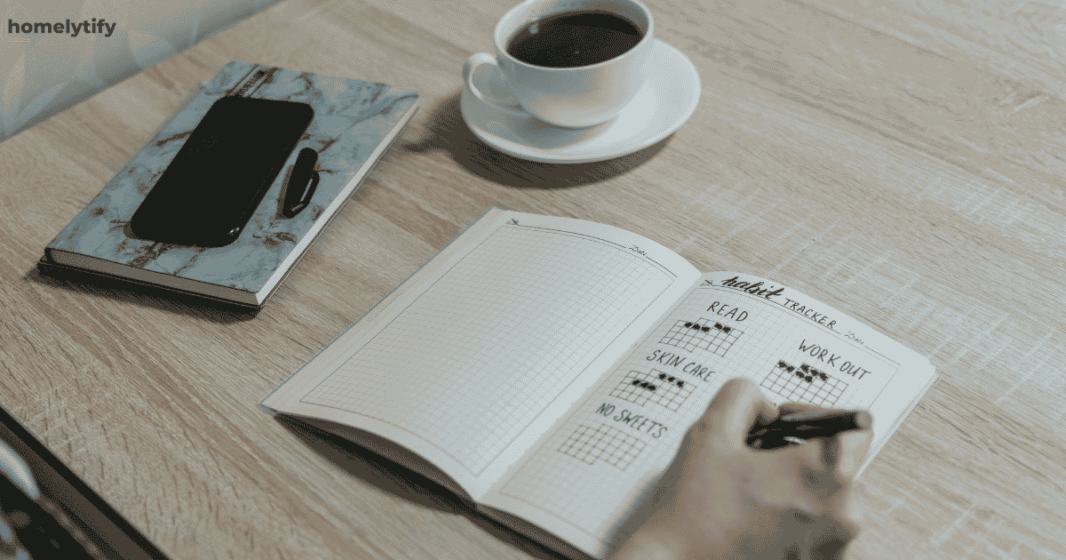 Person filling out a bullet journal habit tracker at a desk — evening routine habits for busy people.