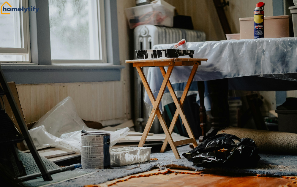 Home feels cluttered with paint cans, scattered tools, and plastic sheets covering a messy room floor