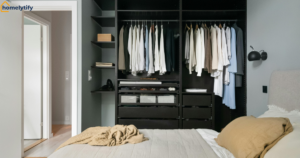 How to organize a rented bedroom with no closet using a wardrobe system, shelves, drawers, and hanging storage 