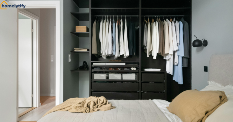 How to organize a rented bedroom with no closet using a wardrobe system, shelves, drawers, and hanging storage 