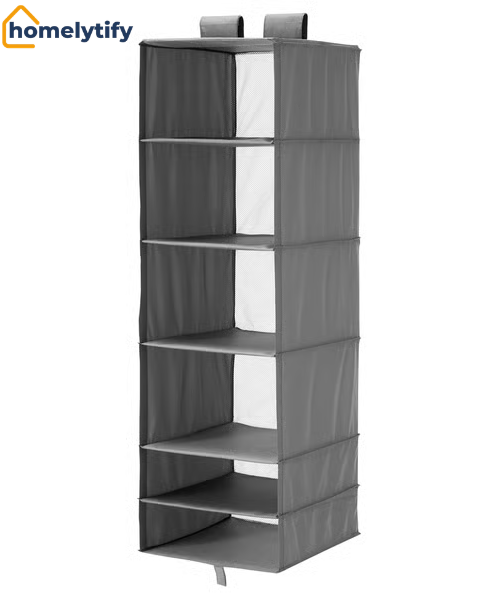IKEA SKUBB 6-compartment hanging organiser in grey with mesh side panels for closet storage 