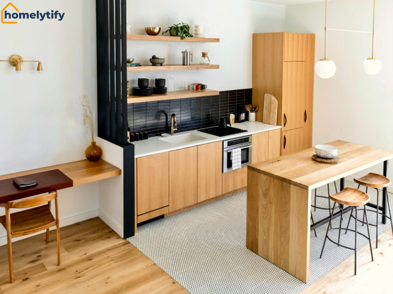 Inside existing furniture, like kitchen cabinets and open shelves, maximizing storage in a compact modern kitchen