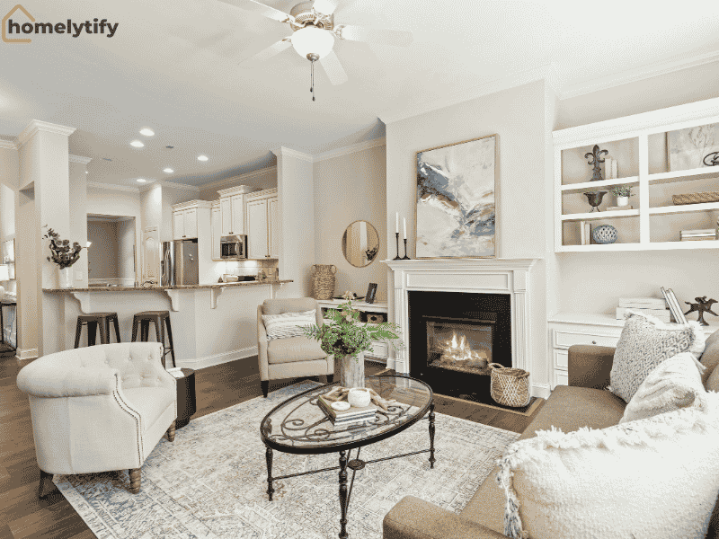 Tidy small home living area with a fireplace and built-in storage shelves, demonstrating cheap home organization hacks for small homes