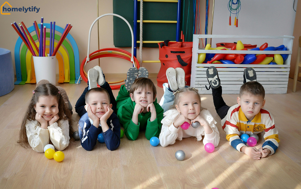 Kids enjoy a tidy playroom with effective organization systems for small kids, featuring colorful toy storage and activity equipment.