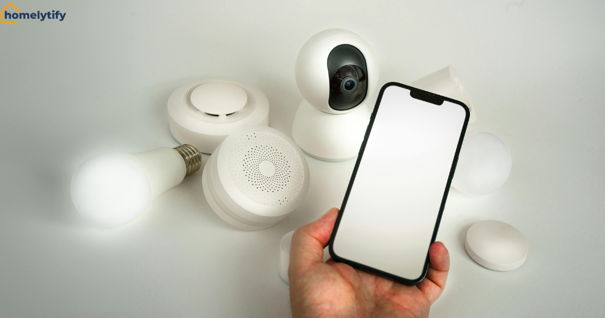 Person holding a phone alongside smart bulbs and smart home gadgets while troubleshooting smart bulb WiFi setup problems