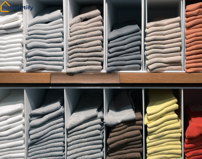 Use hanging shelf organizers for folded items like towels and clothes sorted by color.