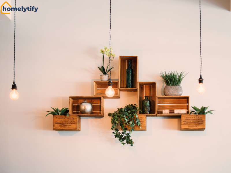 wall-mounted crate shelves with hanging plants and pendant lights 
