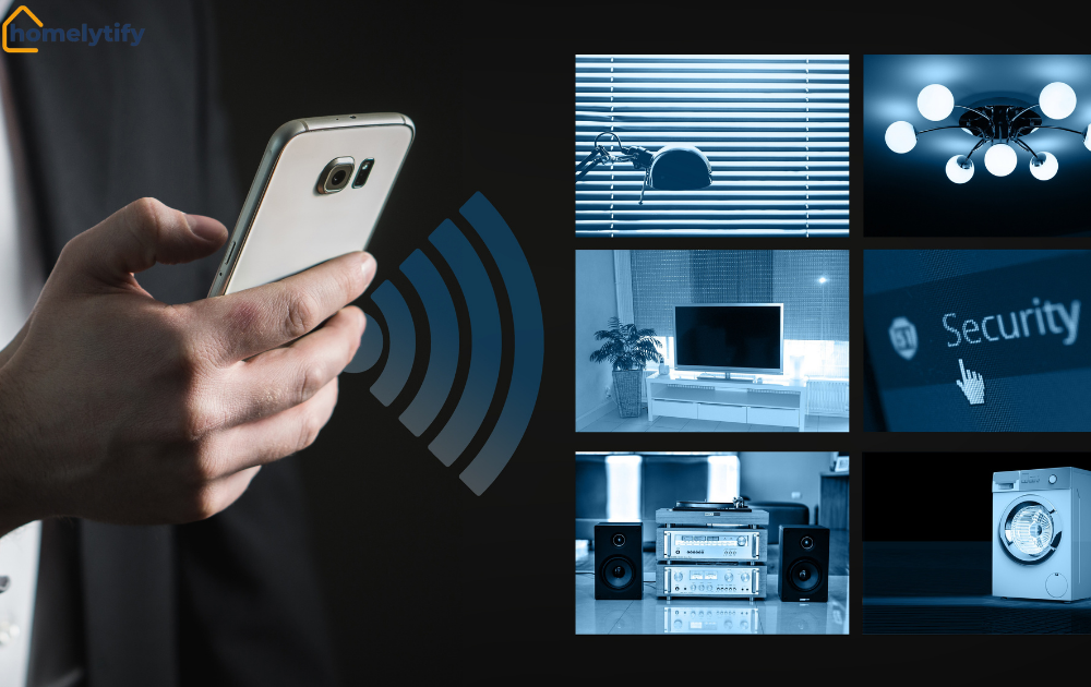 Hand holding smartphone with wireless signal connecting smart home devices, illustrating Wi-Fi vs Bluetooth smart bulbs comparison.