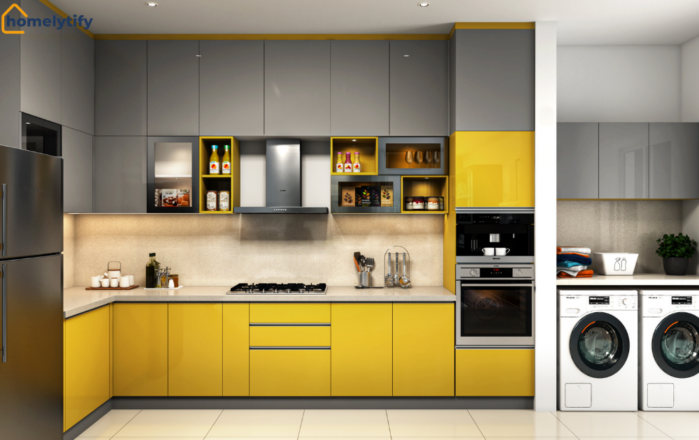 Small kitchen cabinet organization with open shelving, built-in oven, and adjoining laundry area
