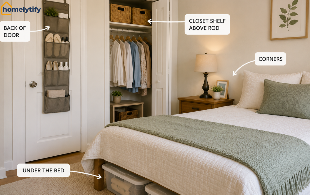 Best way to store clutter using under bed bins, closet shelf baskets, back of door organizer, and bedroom corner space