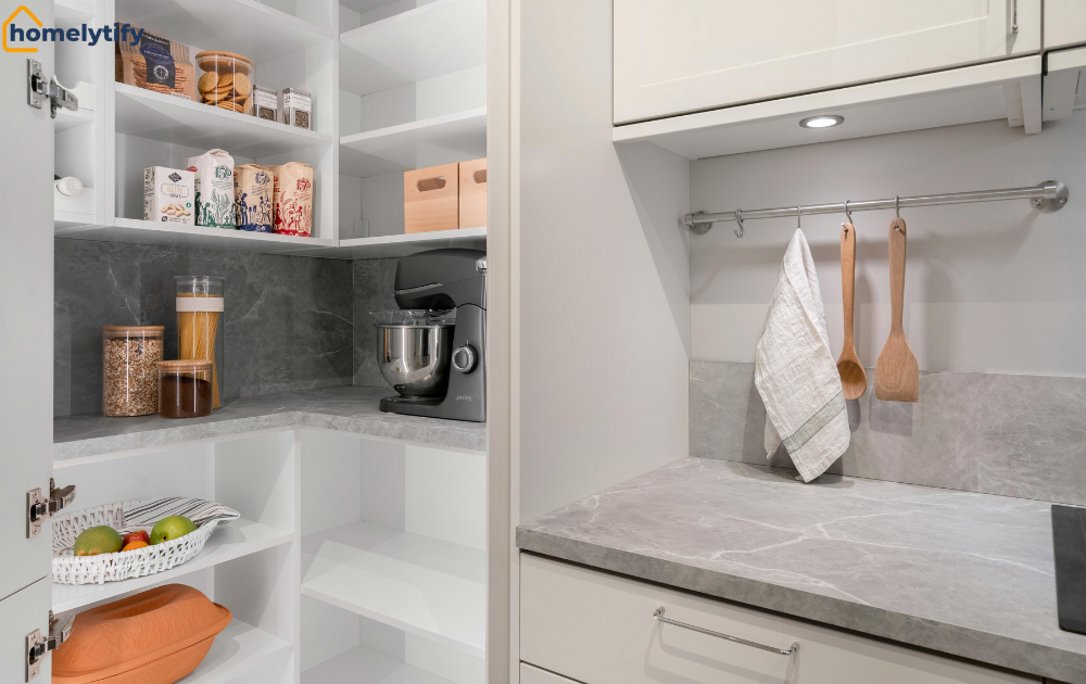 Turning cabinets into a working pantry with open shelves, jars, and a hanging utensil rail