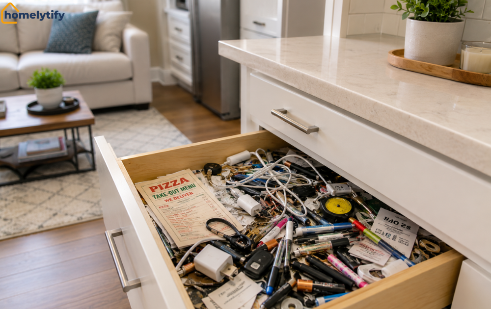 Open kitchen junk drawer overflowing with everyday clutter beside a tidy living room in the background.
