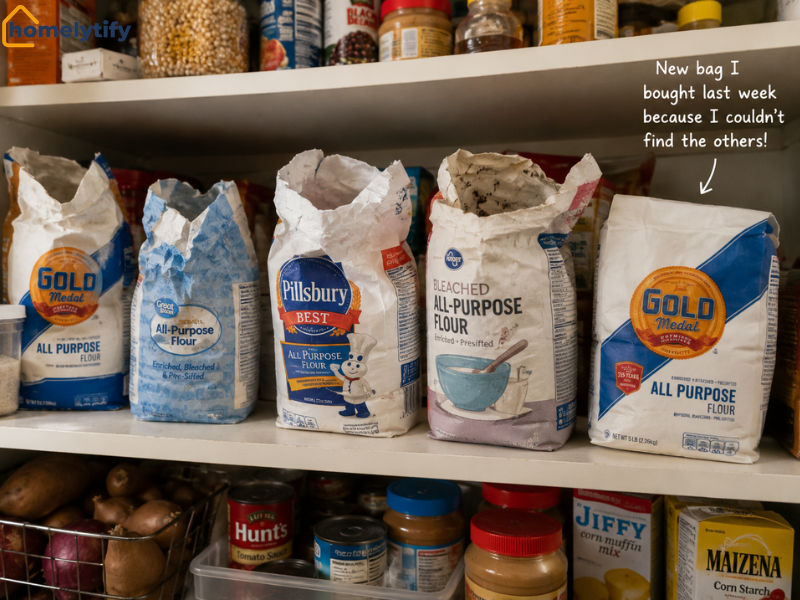 Cluttered pantry with duplicate flour bags including Gold Medal and Pillsbury on shelf