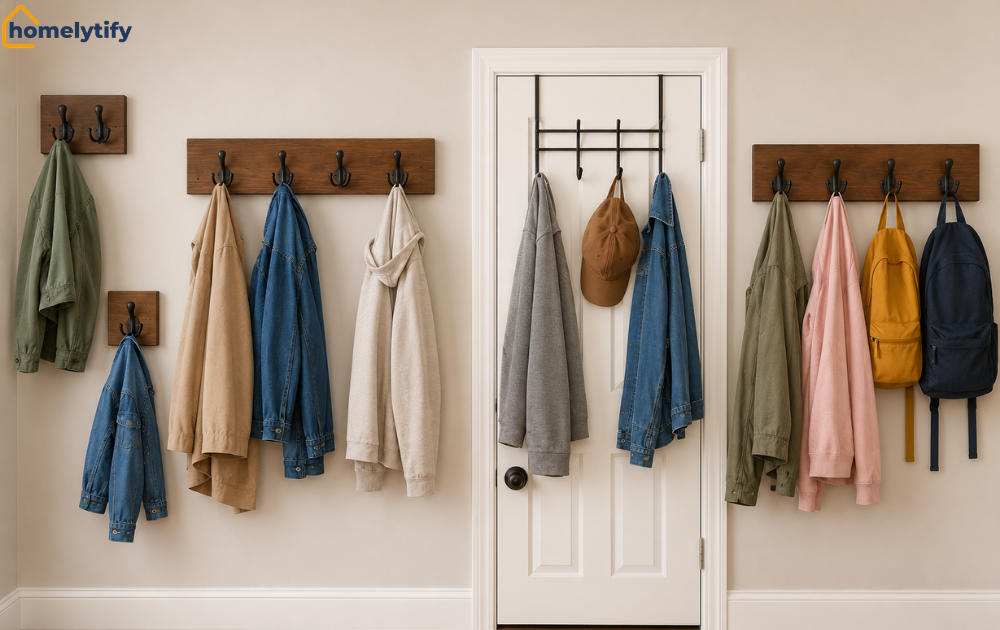 Coat storage solutions with wall-mounted hooks and an over-the-door rack holding jackets, backpacks, and a cap.