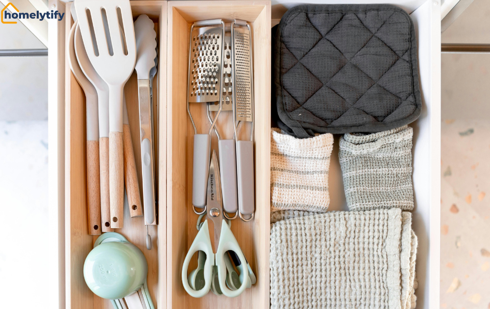 Wooden drawer inserts holding utensils and graters beside folded towels, a simple example of diy drawer organizer ideas.