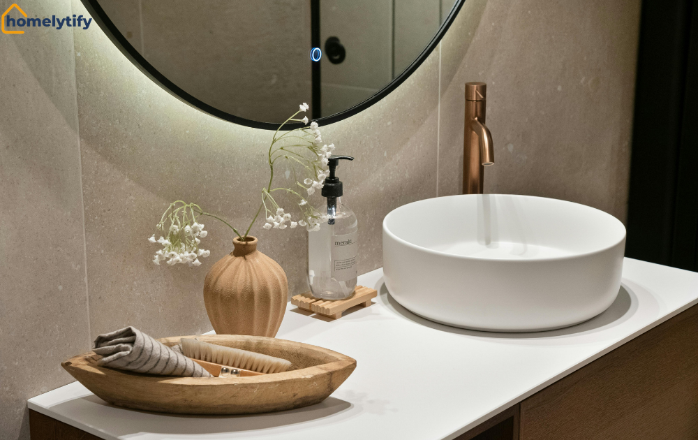 Fastest way to organize a bathroom counter with a tray, basket, and vessel sink
