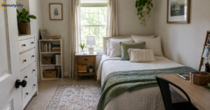 How to organize a messy small guest room with dresser, storage baskets, bookshelf, and cozy bed styling ideas